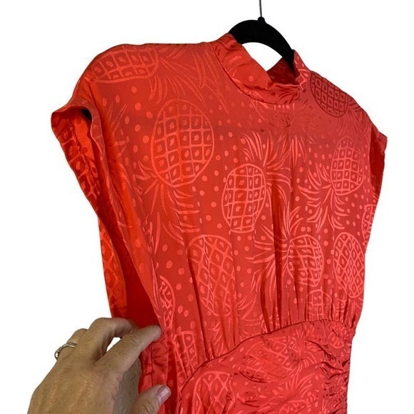 LIZ CLAIBORNE Vintage Red Silk Pineapple Print Ruched Midi Dress - Picture 3 of 14